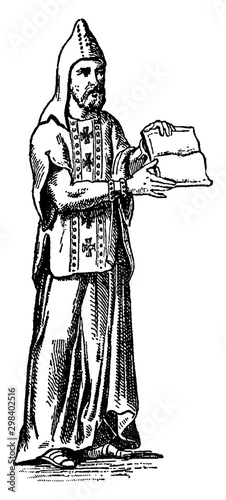 A Monk with a Pointed Hood and Crosses on His Habit vintage illustration.