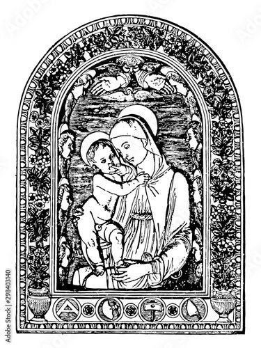 Virgin Mary and Jesus vintage illustration.