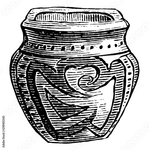 Earthen Vase made by Native Americans, vintage engraving.