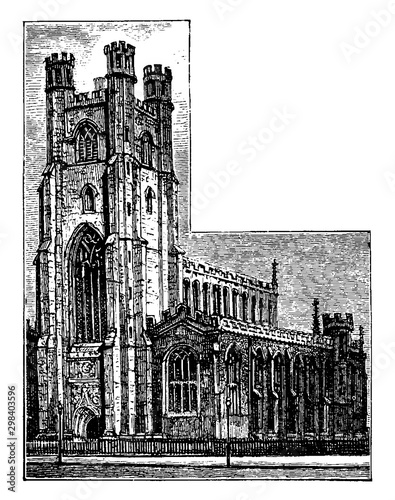 St. Mary's Church Cambridge, Historic England,  vintage engraving.