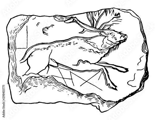 Stone Age Carving by Middle Stone Age man on ivory, vintage engraving.
