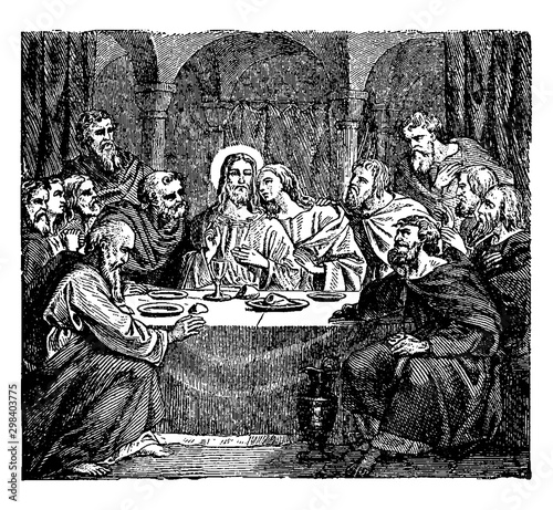 Communion of the Apostles with Jesus at the Last Supper vintage illustration.