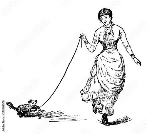 Woman Walking and carrying Cat with her vintage illustration.