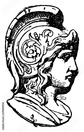 Warrior Head was frequently found on medallions, vintage engraving.