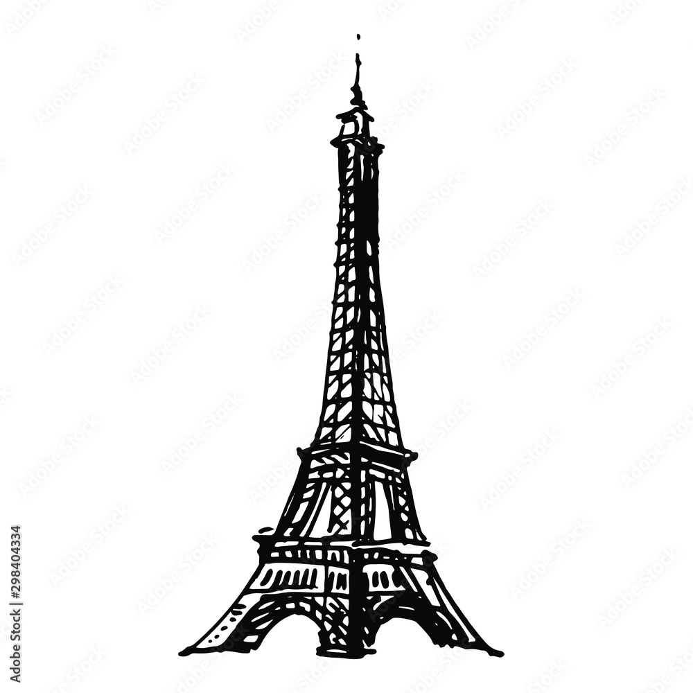The Eiffel Tower silhouette. Famouse architecture building in Paris, France. Hand drawn architecture sketch. Line art on white background.