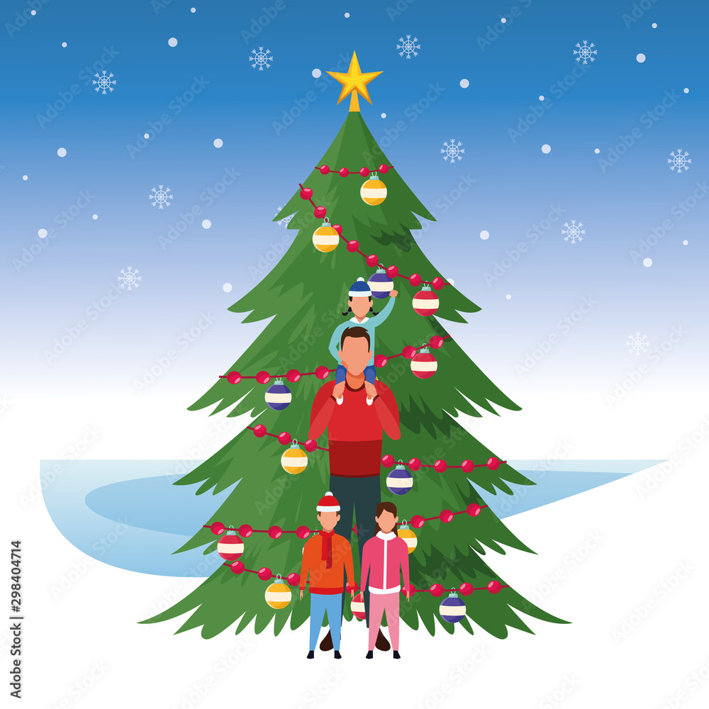 christmas tree and man with kids, Merry christmas design