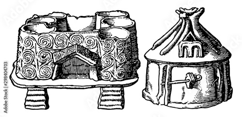 Neolithic Age Hut Urns are first drawing probably representing a lake dwelling, vintage engraving.