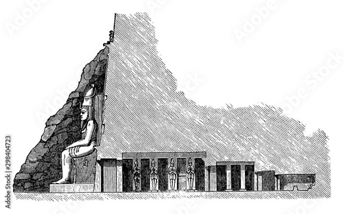 Cross Section of the Great Temple at Abu Simbel,  archaeological site, vintage engraving.