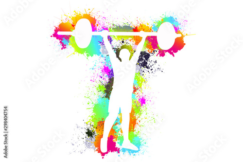 Silhouette of Weightlifting player. Vector colorful paint, drops, ink splashes, Sport, Exercise, Logo, Symbol. Illustration background.
