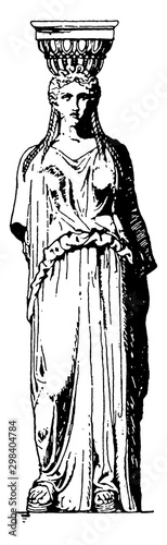 Greek Caryatid,  a female figure, vintage engraving.