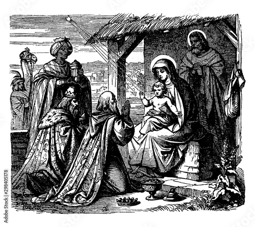 Adoration of the Magi - The Wise Men Present Gifts to Jesus vintage illustration.