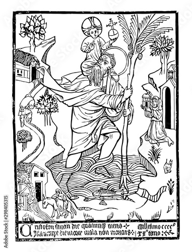 St. Christopher crossing the river carrying Jesus on his back, vintage engraving. photo