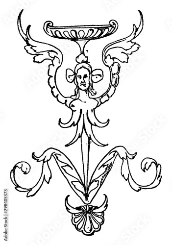 Thin Grotesque Column is a squatting winged female without arms, vintage engraving.