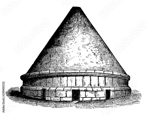Tumuli,  most interesting monuments of Etruscan architecture, vintage engraving.