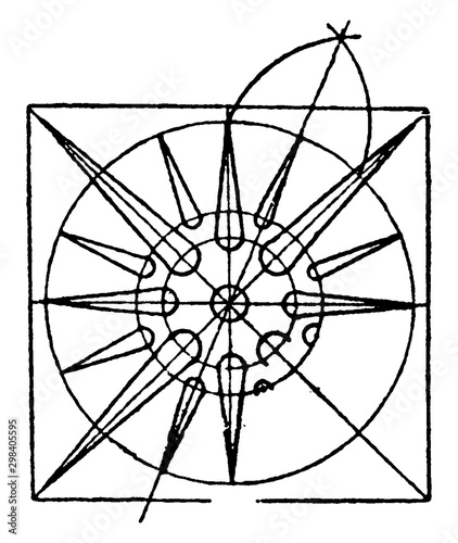 Greek Square Panel is found on the coffer of the Propylaea ceiling, vintage engraving.