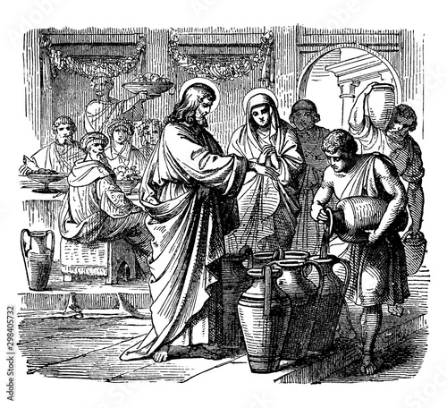 Jesus Turns Water into Wine at the Wedding at Cana vintage illustration.