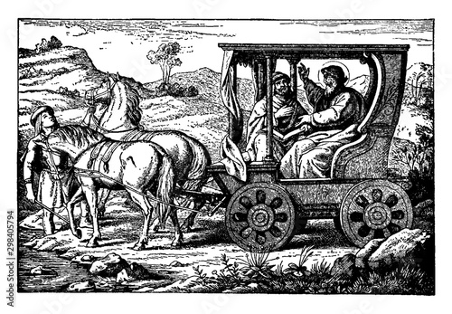 Philip Speaks with an Ethiopian Eunuch in His Chariot vintage illustration. photo