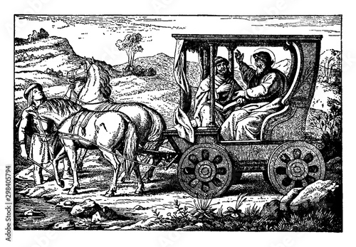 Philip Speaks with an Ethiopian Eunuch in His Chariot vintage illustration.