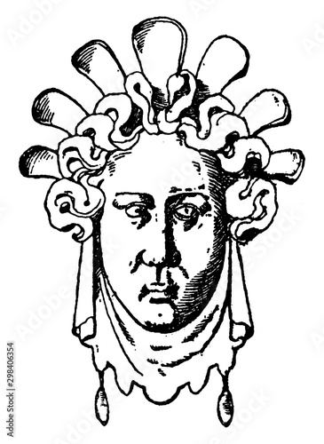Canvas Print Female Grotesque Mask, vintage engraving.