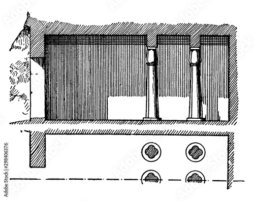 Section and Half-Plan of a Tomb, middle kingdom, vintage engraving.