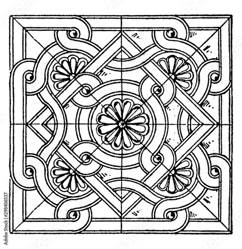 Byzantine Square Panel is a bas-relief design, vintage engraving.