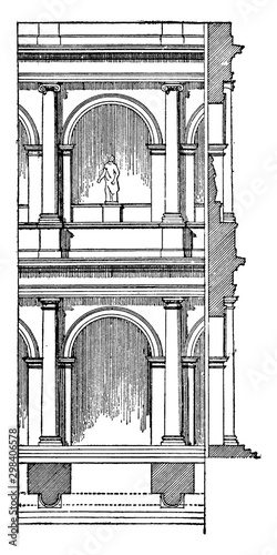 Roman Arcade with Engaged Columns,  arcade is a passage or walkway, vintage engraving.