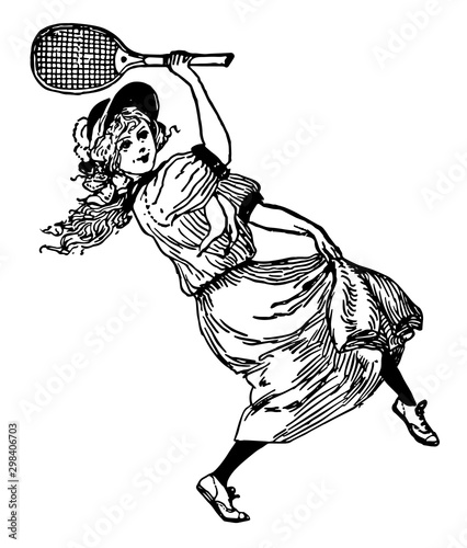 Girl with Badminton Racket vintage illustration.
