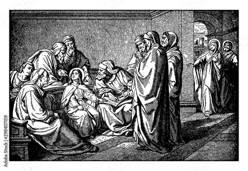 Mary and Joseph Find Jesus Learning and Teaching in the Temple vintage illustration.