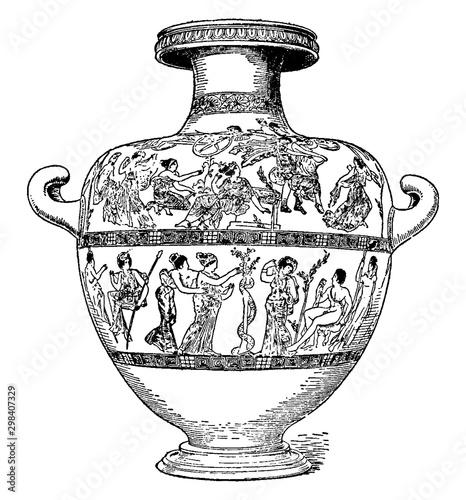 Hydria is a type of Greek pottery, vintage engraving.