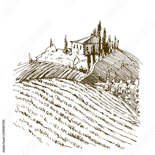 Rural agriculture landscape with vineyard farm house, filelds, trees on the hill. Vintage hand drawn stock vector illustration. photo