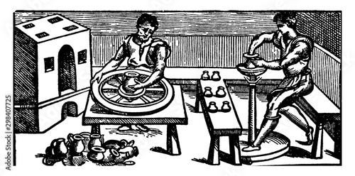 Pottery Wheels is a machine used in the shaping of round ceramic ware, vintage engraving.