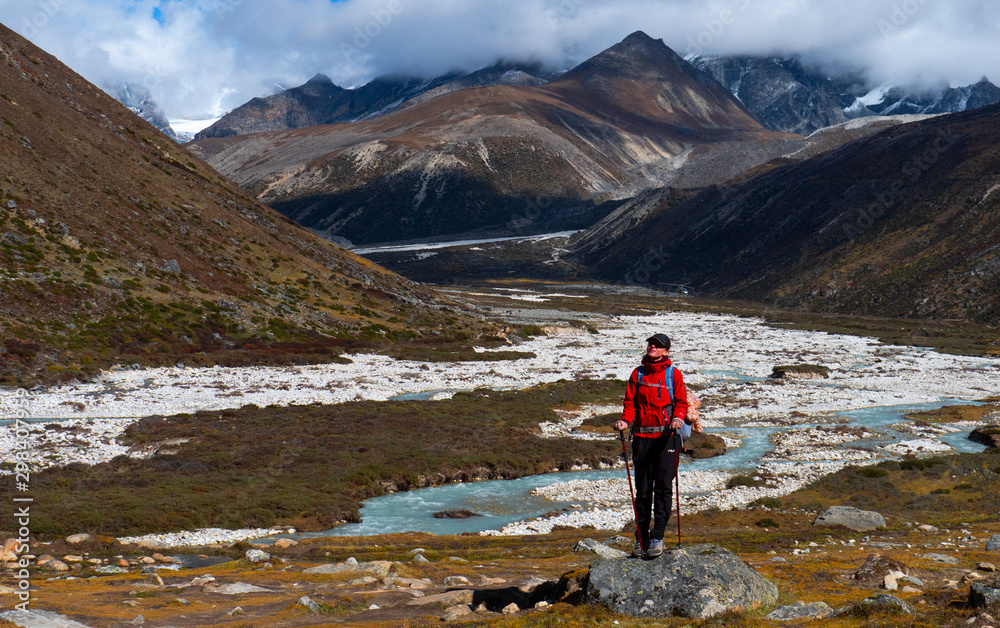 Active hiker hiking, enjoying the view, looking at Himalaya mountains landscape. Travel sport lifestyle concept Active hiker hiking, enjoying the view, looking at Himalaya mountains landscape. Travel sport lifestyle concept