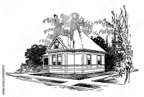 The American, small, one bedroom bungalow, vintage engraving.