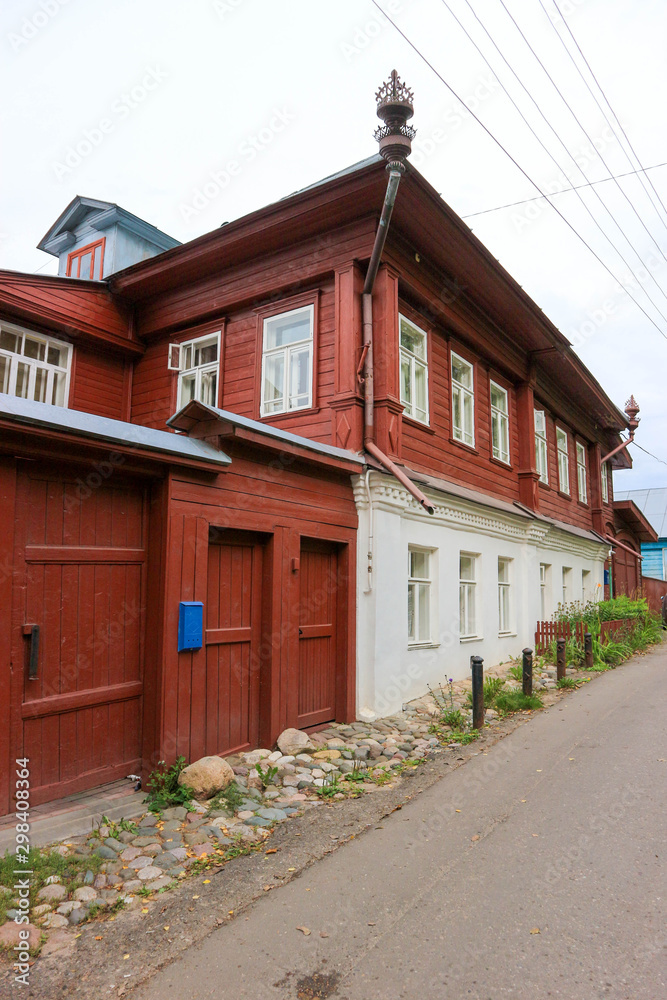 old wooden house on the street in small old russian town Plyos