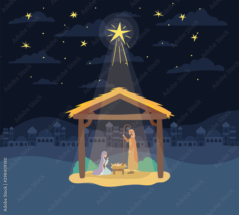 Fototapeta premium cute holy family in stable manger characters