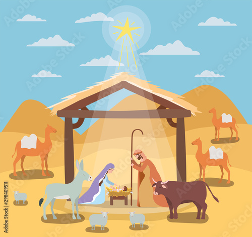 cute holy family in stable with animals manger characters