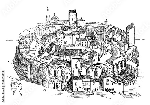 Amphitheater  in Arles built in the Middle Ages, vintage engraving.