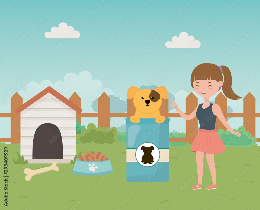 Obraz premium happy girl with dog food house and bone pet care