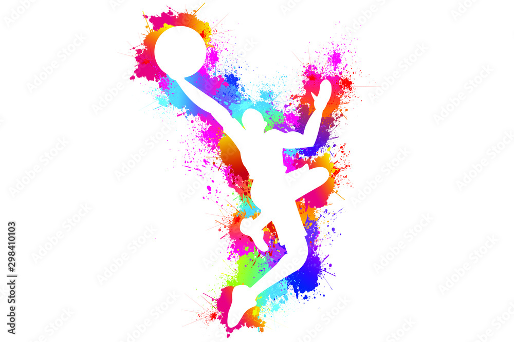 Sports. Basketball logo design, Colorful paint drops ink splashes, Goal, Icon, Exercise, Symbol, Silhouette, Vector illustration.