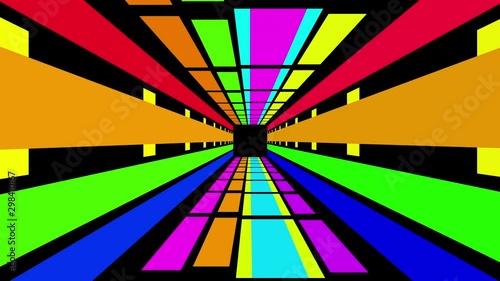 3D VFX tunnel effect with multi-colored lines on a black background. Vintage 4k video game in the tunnel. Seamless stylish 3d animation. Abstract flight in the tunnels. In lgbt colors. photo