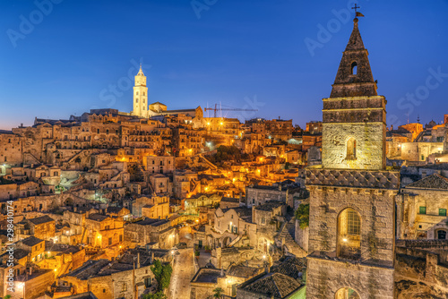 The ancient old town of Matera in Southern Italy at night