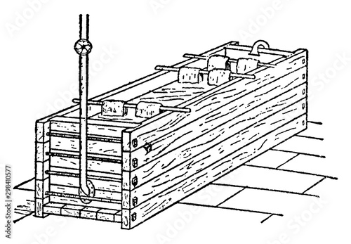 Dye-vat  is a process that refers to dyeing that takes place in a bucket or vat, vintage engraving.