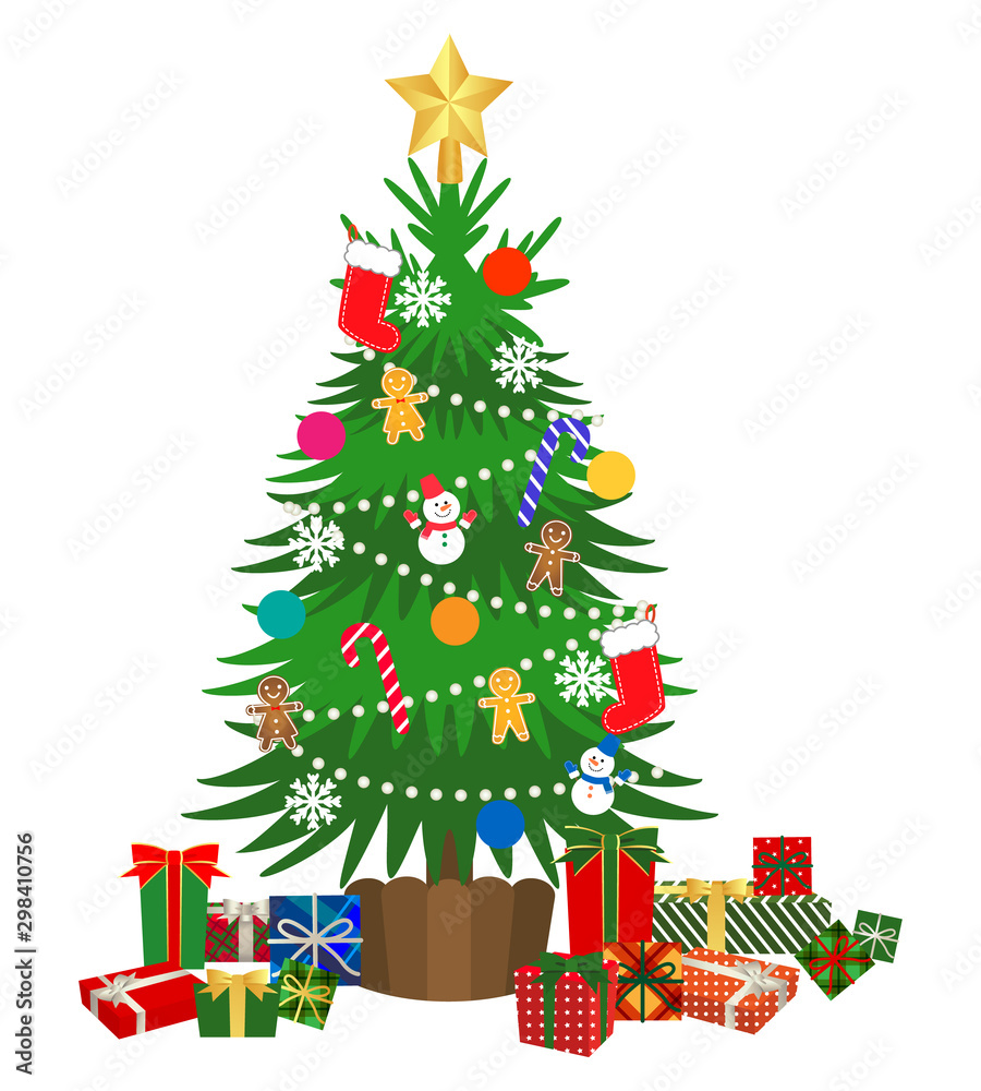 クリスマスツリーとプレゼントの山 イラスト Stock Vector Adobe Stock