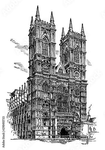 Westminster Abbey or Collegiate Church, vintage engraving.