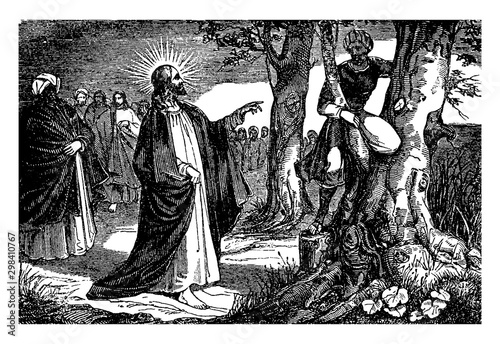 Jesus Speaks to Zacchaeus the Tax Collector vintage illustration.