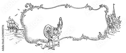 Spinning Wheel in the foreground, vintage engraving.