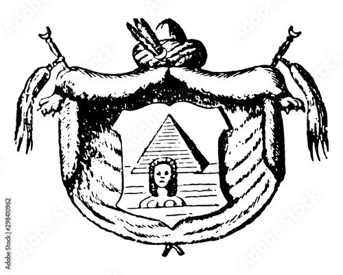 Egyptian Coat of Arms is a pyramid and Sphinx coat of arms, vintage engraving.