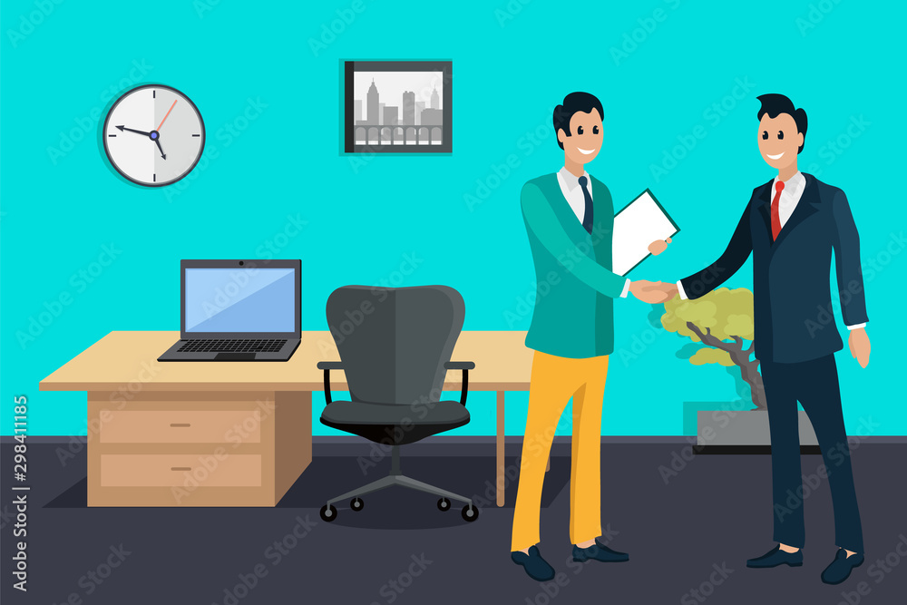 Men workers shaking hands, workers collaboration in office. Workplace decorated by laptop on table and clock, time is money, financial corporate. Vector illustration in flat cartoon style Men workers shaking hands, workers collaboration in office. Workplace decorated by laptop on table and clock, time is money, financial corporate. Vector illustration in flat cartoon style