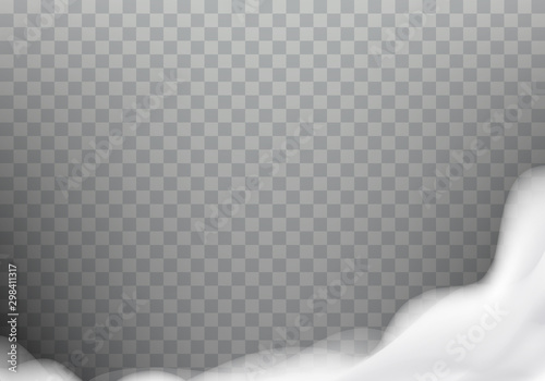Bath foam realistic vector illustration on transparent background. White soap suds, shampoo foaming detergent texture, frame or border for design