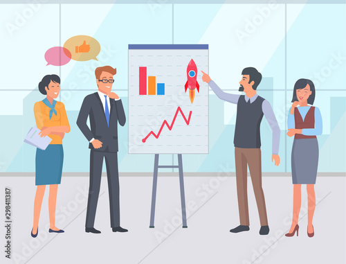 Stats on whiteboard, presentation for partners or investors. People looking at charts growing flowchart with rocket. Successful startup seminar. Vector illustration in flat cartoon style